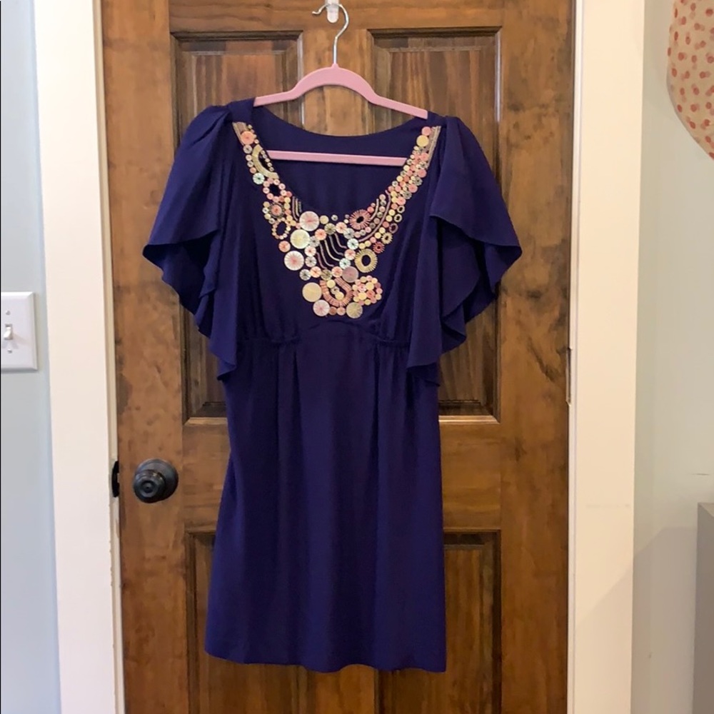 Purple silk and rayon dress with metal detailing